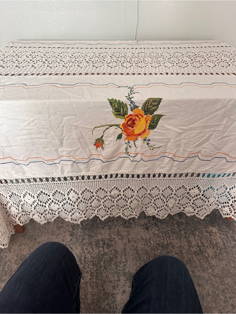 Handmade White Crochet Table Cloth with Embroidered Accents - Picture 6 of 7
